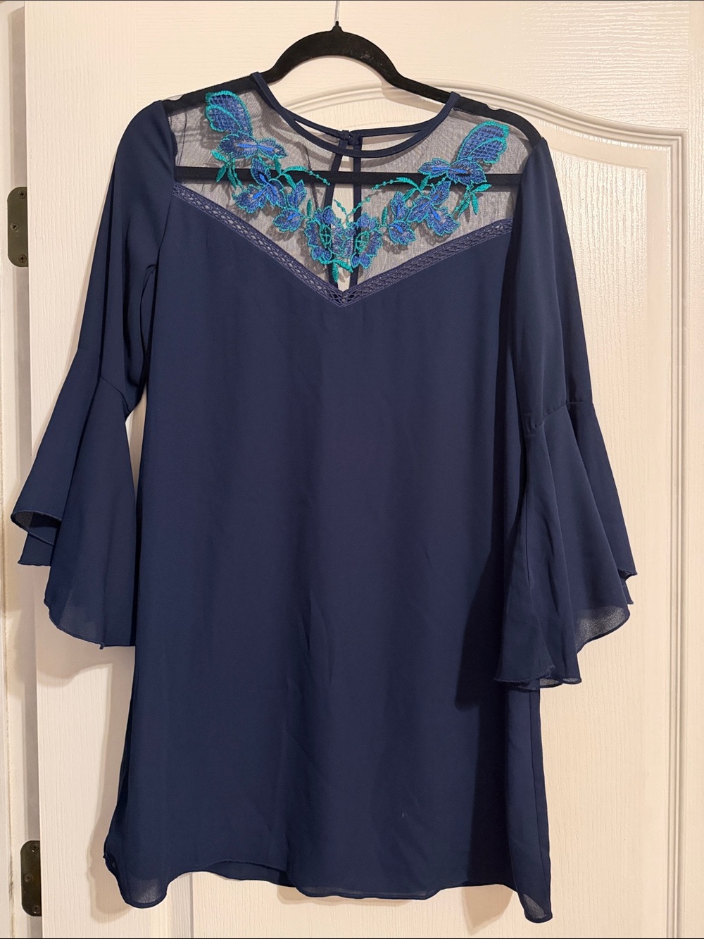 City Studio Navy Blue Floral Embroidered Mesh Yoke Tunic